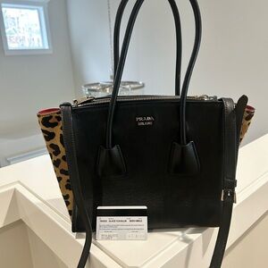 Prada Leather Leopard Print Calf Hair Twin Pocket Tote